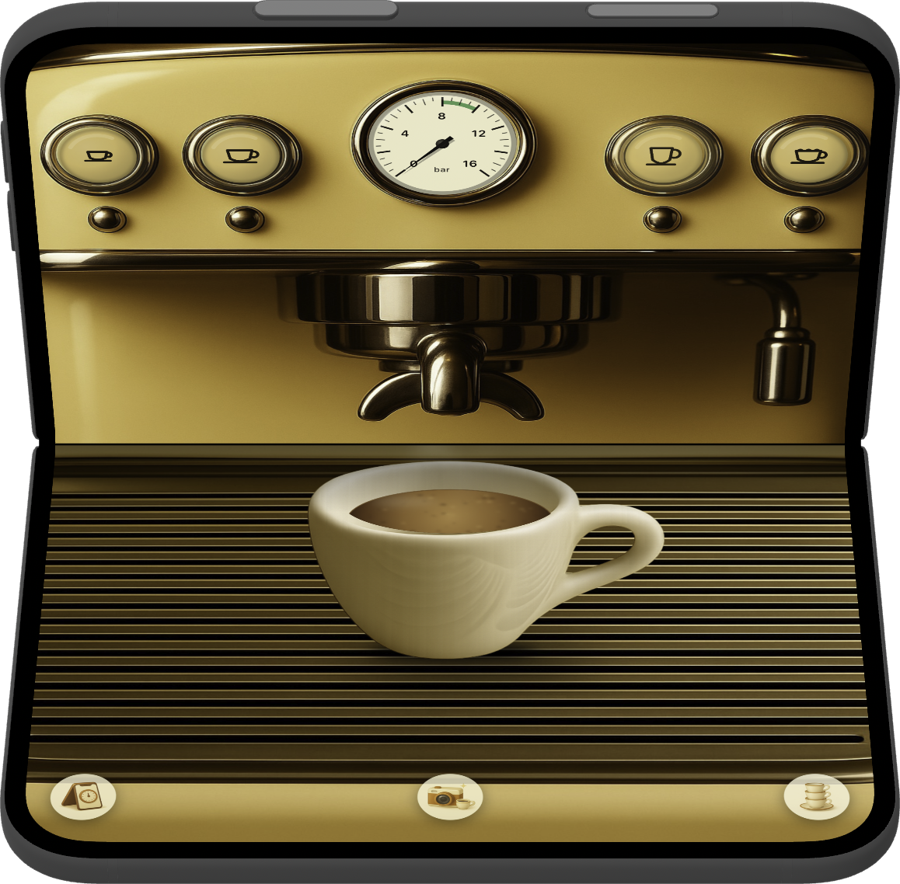 iPhone Duo folded to 90°: the retro machine standing up, the cup on its drip tray below