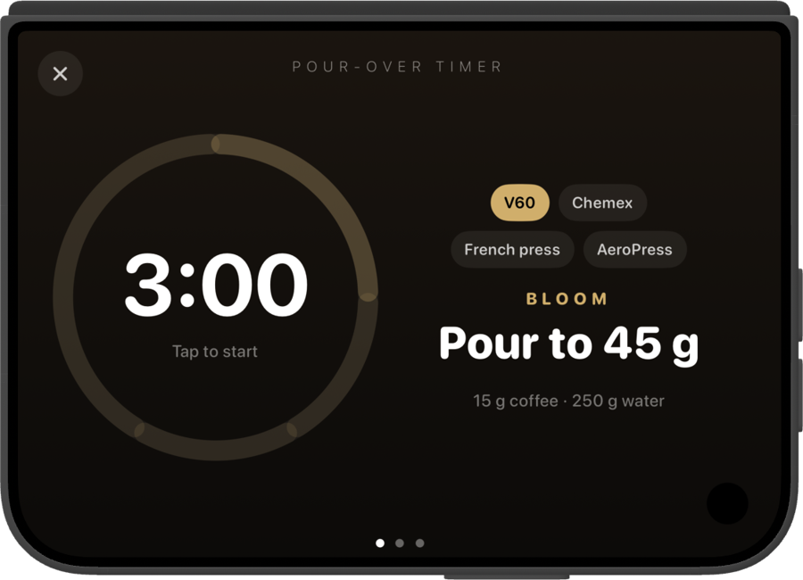 iPhone Duo stood in a tent showing the pour-over timer