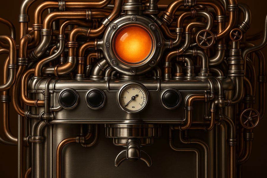 A coffee lab of copper pipes