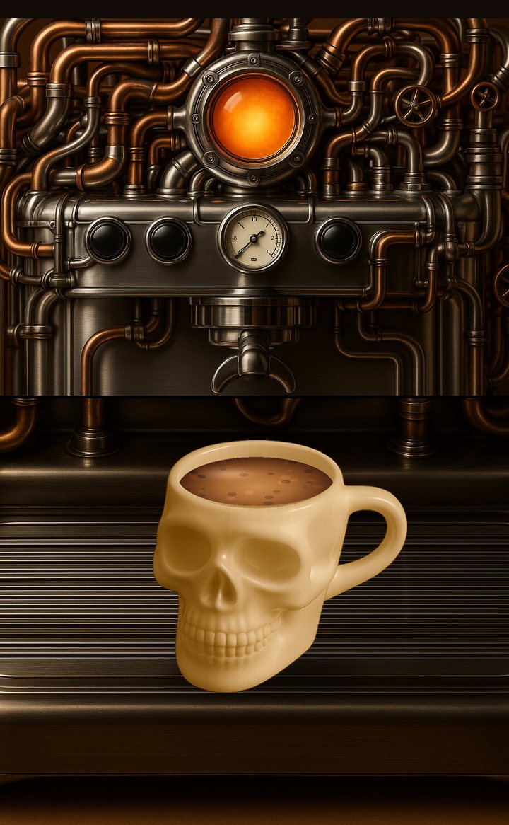 A coffee lab of copper pipes pouring into a skull mug
