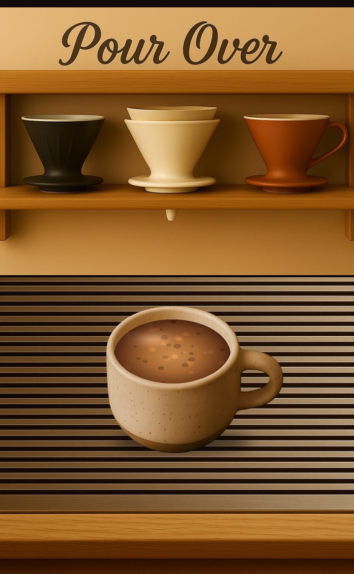 A pour-over bar with three V60 drippers above a stoneware cup